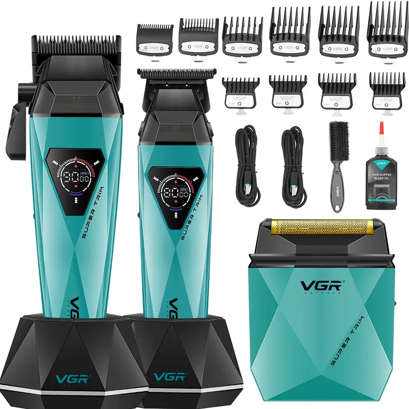 VGR 877S3 Professional Ceramic Clippers & Trimmer Set - Cordless Barber Equipment, Adjustable Speed, Foil Shaver, LED Display, Charging Base, USB Port, Fast Charging, 180 Minutes Trimming, Home/Barber Male Short Hair Grooming Kit