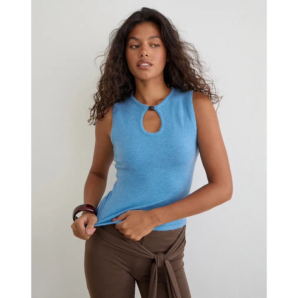 Reita Keyhole Top with Bead in Knit Blue