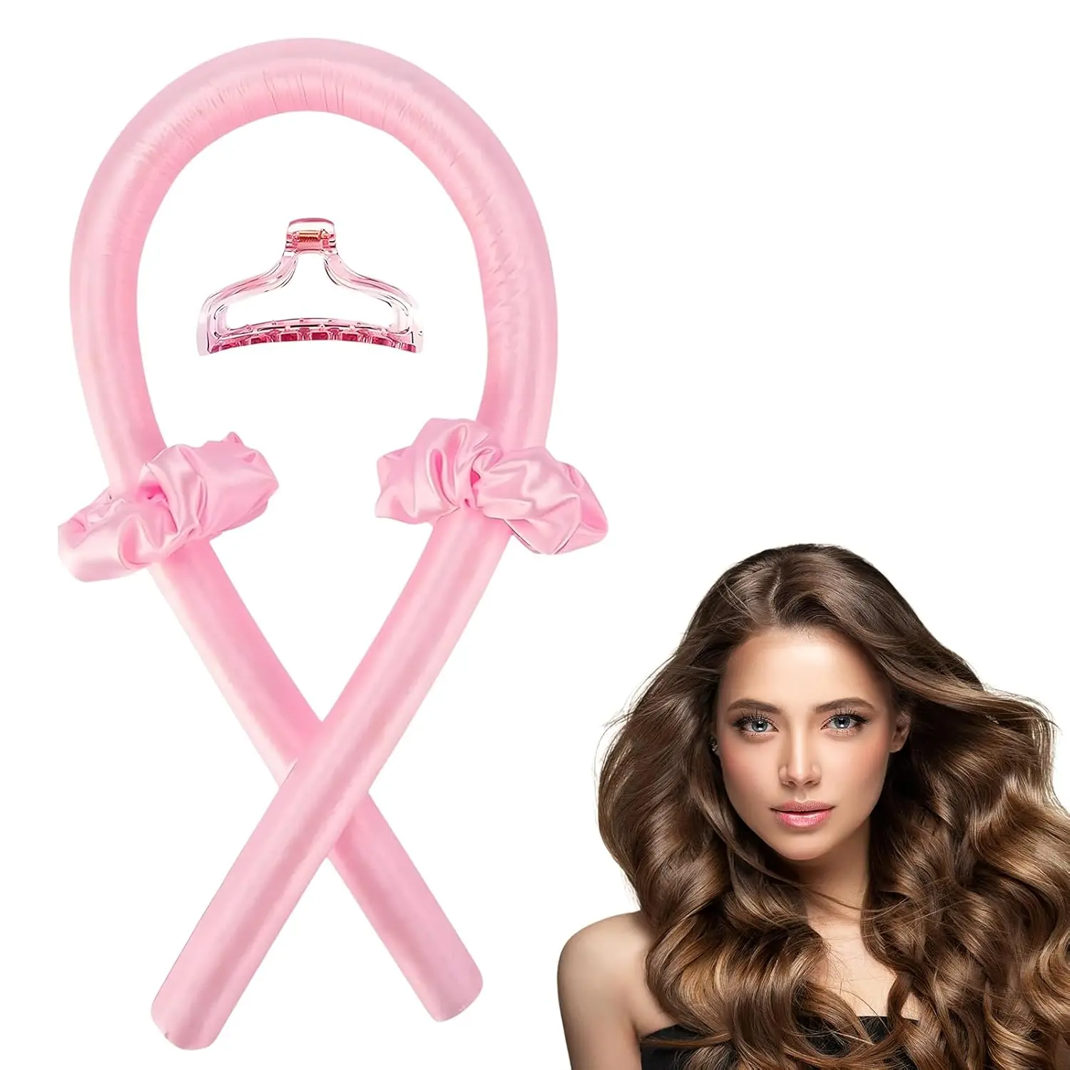 Non thermal curling Iron set, Silk Night Roller, heatless curls overnight hair curlers to sleep in Silk Curl Rod Headband for Long Hair Foam Curly Ribbon Styling Tool (Pink，Satin)