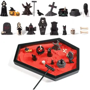 funsky Coffin Zen Garden for Desk,Mini Zen Garden Kit Goth Accessories for Office Spooky Witchy Fantasy Whimsigoth Home Room Decor,Halloween Miniatures Town Village Horror Figurines Decorations Gifts