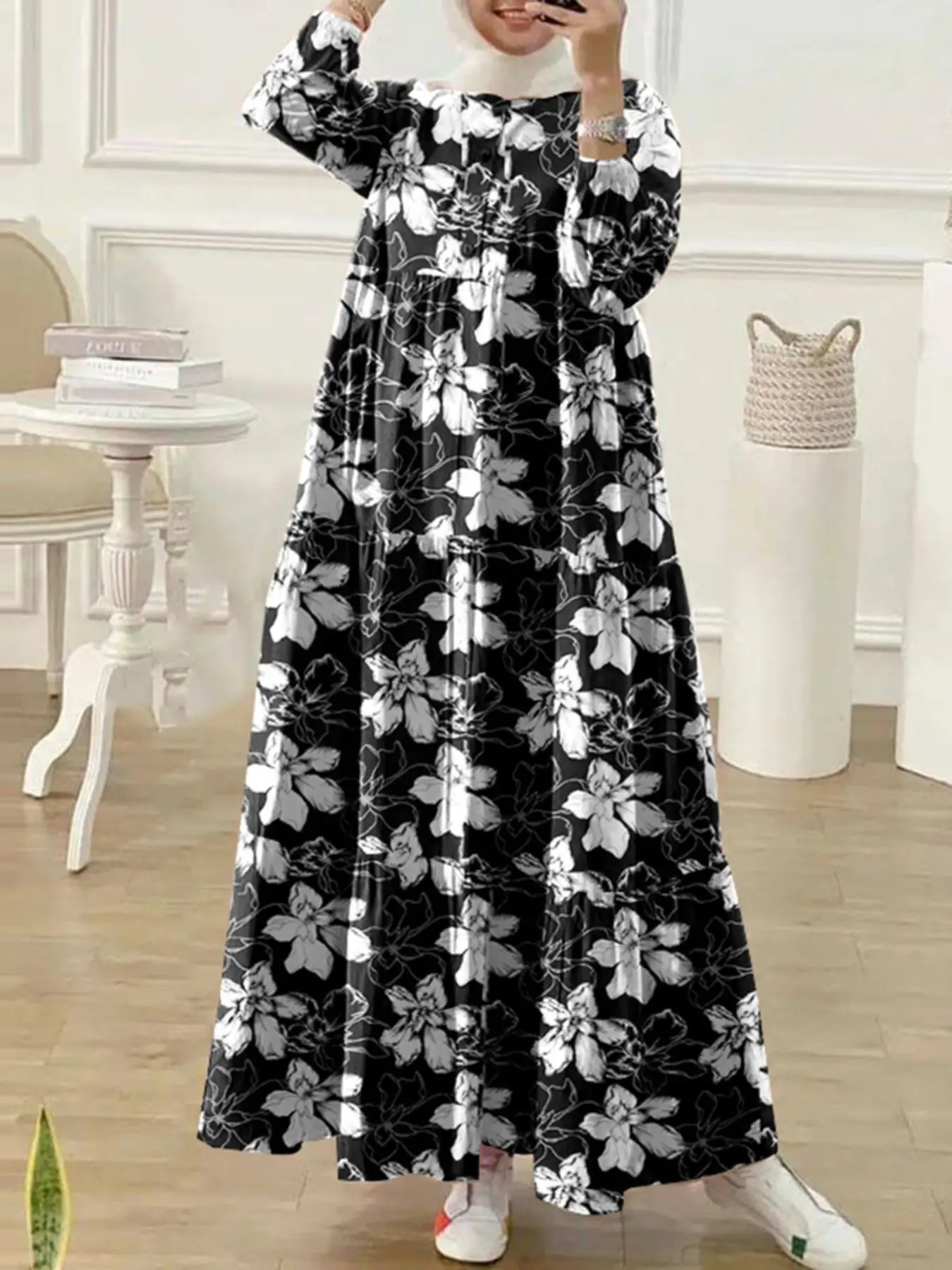 Women's All Over Floral Print Ruffle Trim Button Front Round Neck Dress, Chic Chic Casual Bishop Sleeve Long Dress for Fall & Winter, Women's Islamic