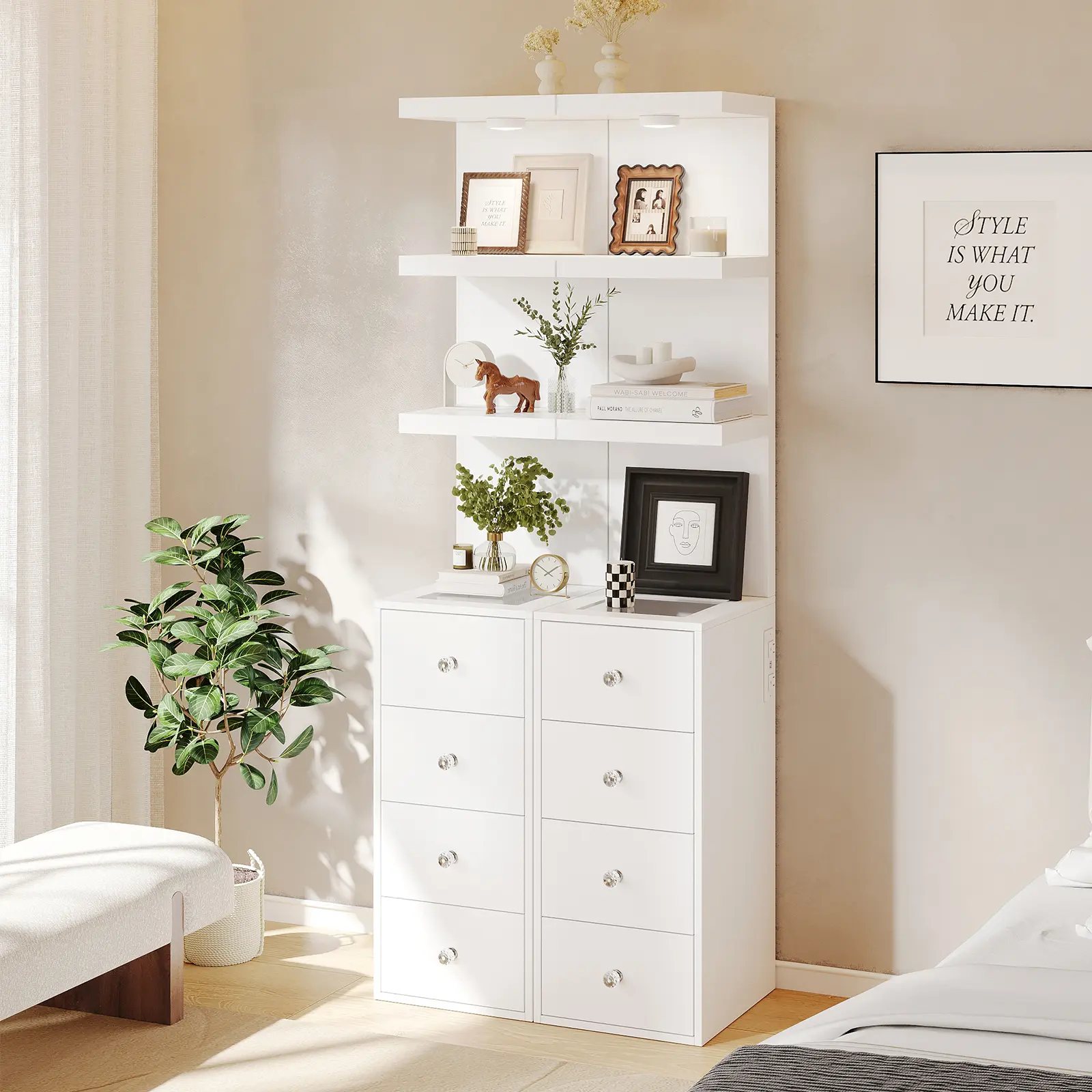 VOWNER 70.9 in 4-Tier Wood-Like Storage Shelf with 4 Drawers, Glass Top, Outlet, LED Lights - Quick Setup Sturdy Floor Modern Nightstand for Bedroom, Living Room Vanity