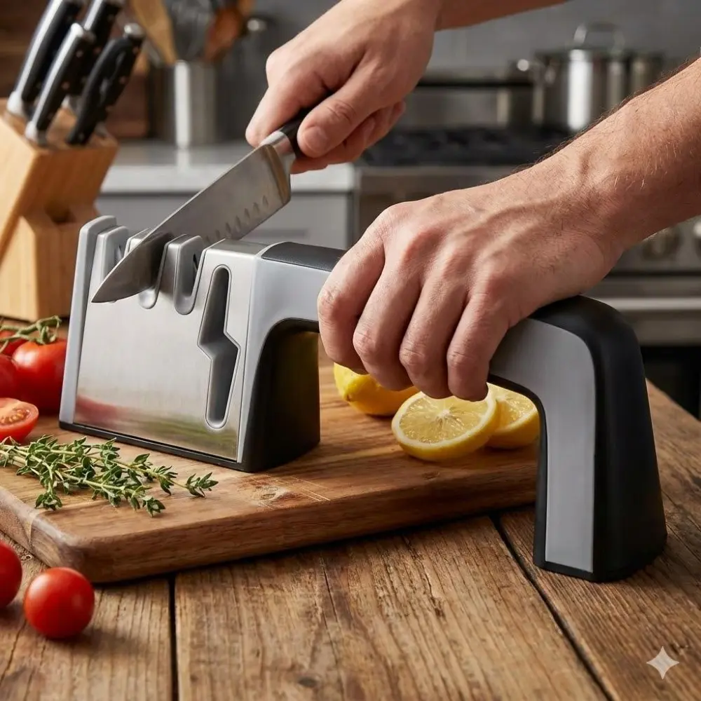 4-Stage Knife Sharpener: Tungsten Steel Diamond Ceramic Wheels for Kitchen Chef Knives, Axes, Scissors - Portable Multi-Level Sharpening Rod with Non-Slip Grip, Professional Commercial Home Sharpening Tool Kit, Durable Edge Restoration Equipment