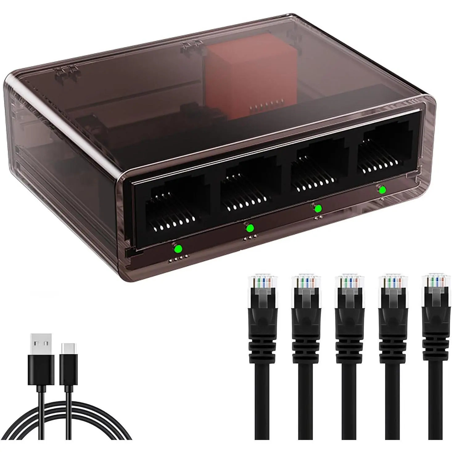 Gigabit Ethernet Splitter 1 to 4 with 5 Cat6 1M Ethernet Cables 1000Mbps  Internet RJ45 Network  Gigabit RJ45 LAN Network Extension for Cat5/5e/6/7/8