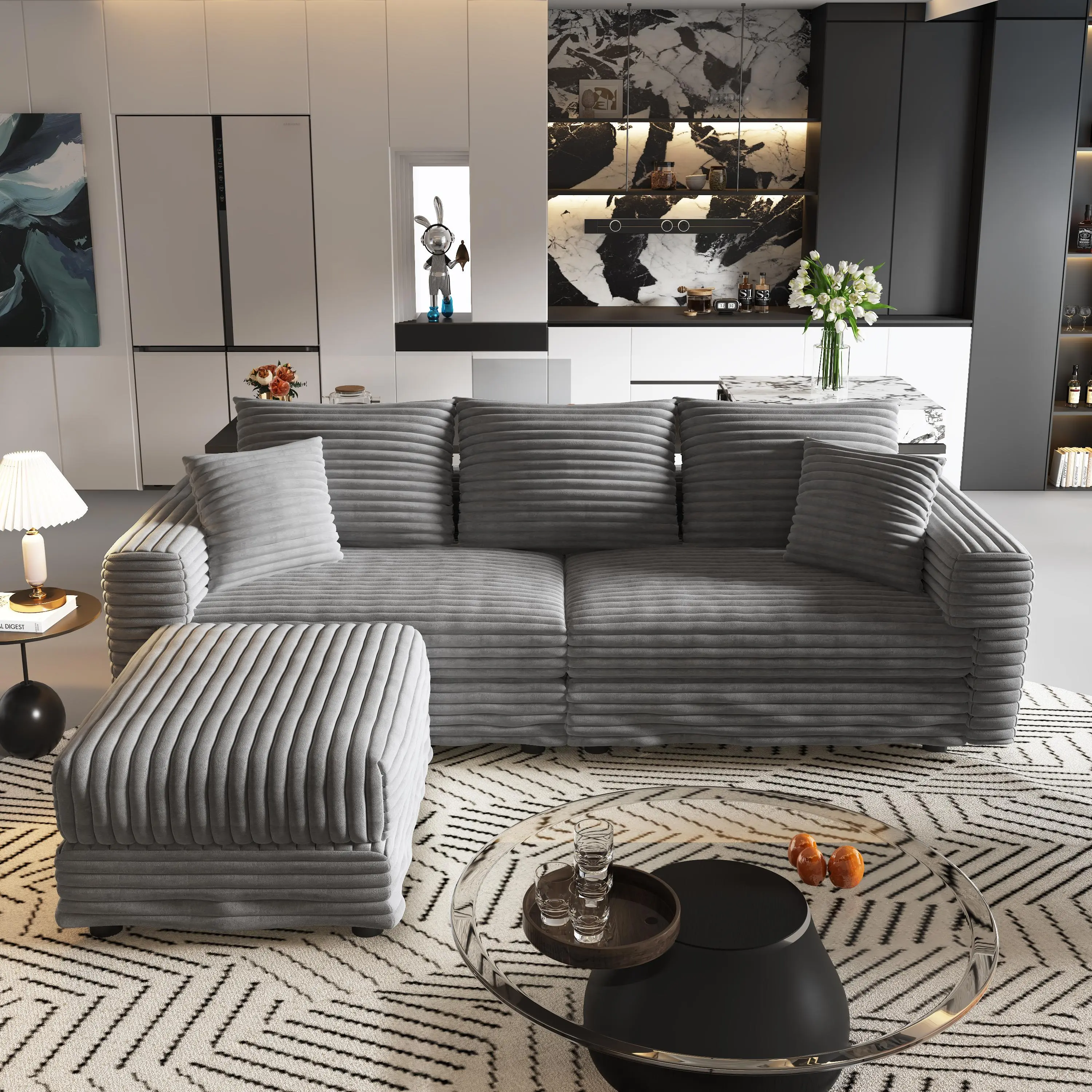 Eyisean 82.7" Oversized Corduroy Loveseat Sofa with Ottoman, Comfy 3-Seater L-Shaped/U-Shaped Modular Sectional Sofa with Soft Pillows, Convertible Sofa Lounge Chair, Modern Deep Seat Upholstered Cloud Couch with for Living Room, Bedroom