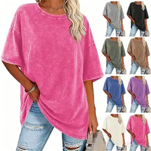230g solid color summer 100% cotton vintage washed short-sleeve T-shirt for women, suitable for everyday wear, an ideal gift for women