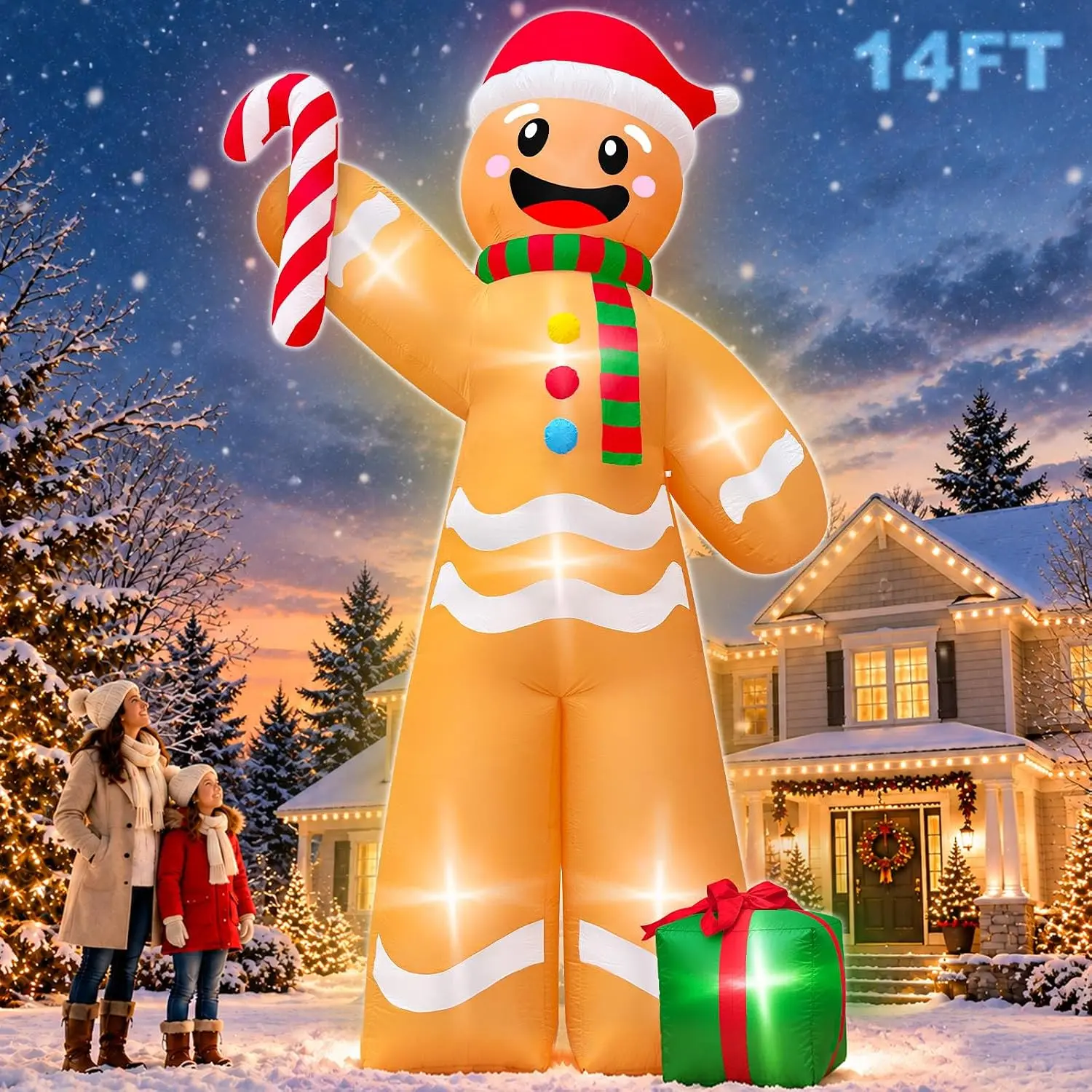 14 Ft Giant Christmas Inflatable Gingerbread Man with Candy Cane & Gift, Lighted Outdoor Blow Up Yard Decoration, Large Standing Xmas Inflatable for Lawn Garden Holiday Party Decor
