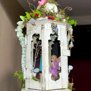 Enchanted Fairytale Home Lantern with Floral Accents Greenery & Moss Decor for Home and Garden Enhancement