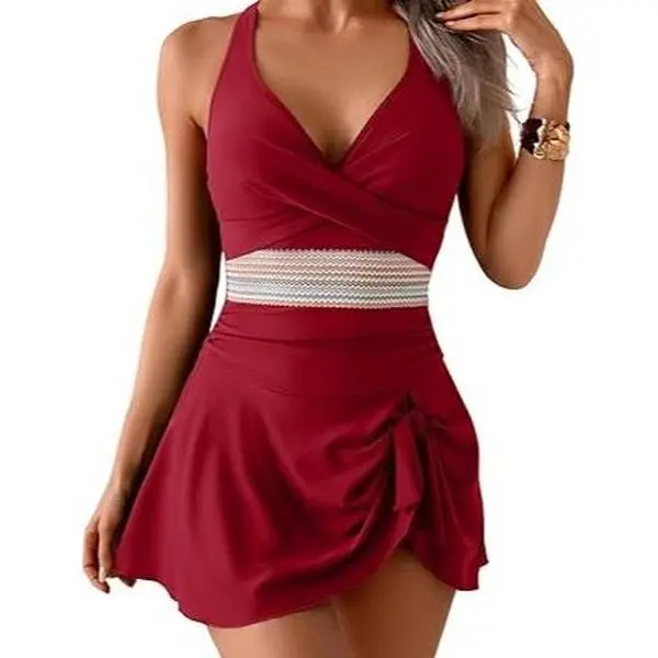 Aidonger Women's Tummy Control 1-Piece Swimdress - V Neck, Tie Back, Full Coverage, Slim Silhouette, Stay-Put Straps, Bathing Suit Dress with Belly Coverage for Swimming & Beach Confidence