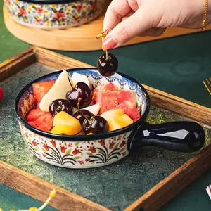 Vintage Polish Ceramic Bowl with Handles, Oven Safe, Floral Pattern, Rustic Kitchenware for Home or Restaurant, Baking Dish, Soup Bowl