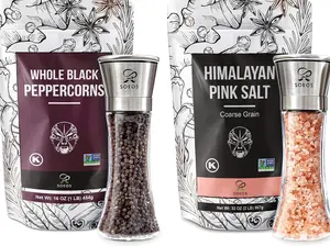 Soeos Salt and Pepper Grinder Set (Pink Salt 2lb + Black Peppercorns 1lb + Grinder set), Stainless Steel Grinder, Non-GMO, Kosher Certified, Adjustable Coarseness, Salt and Pepper Shakers Set