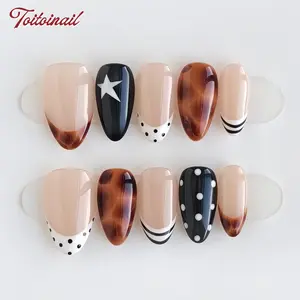 Amber Star Handmade Press-On Nails | Short Almond Shape, 10pcs | Tortoiseshell Polka Dot Stripe White Star | Vintage Y2K Aesthetic | For Daily, Streetwear, Date | High Gloss | Reusable DIY Nail Art