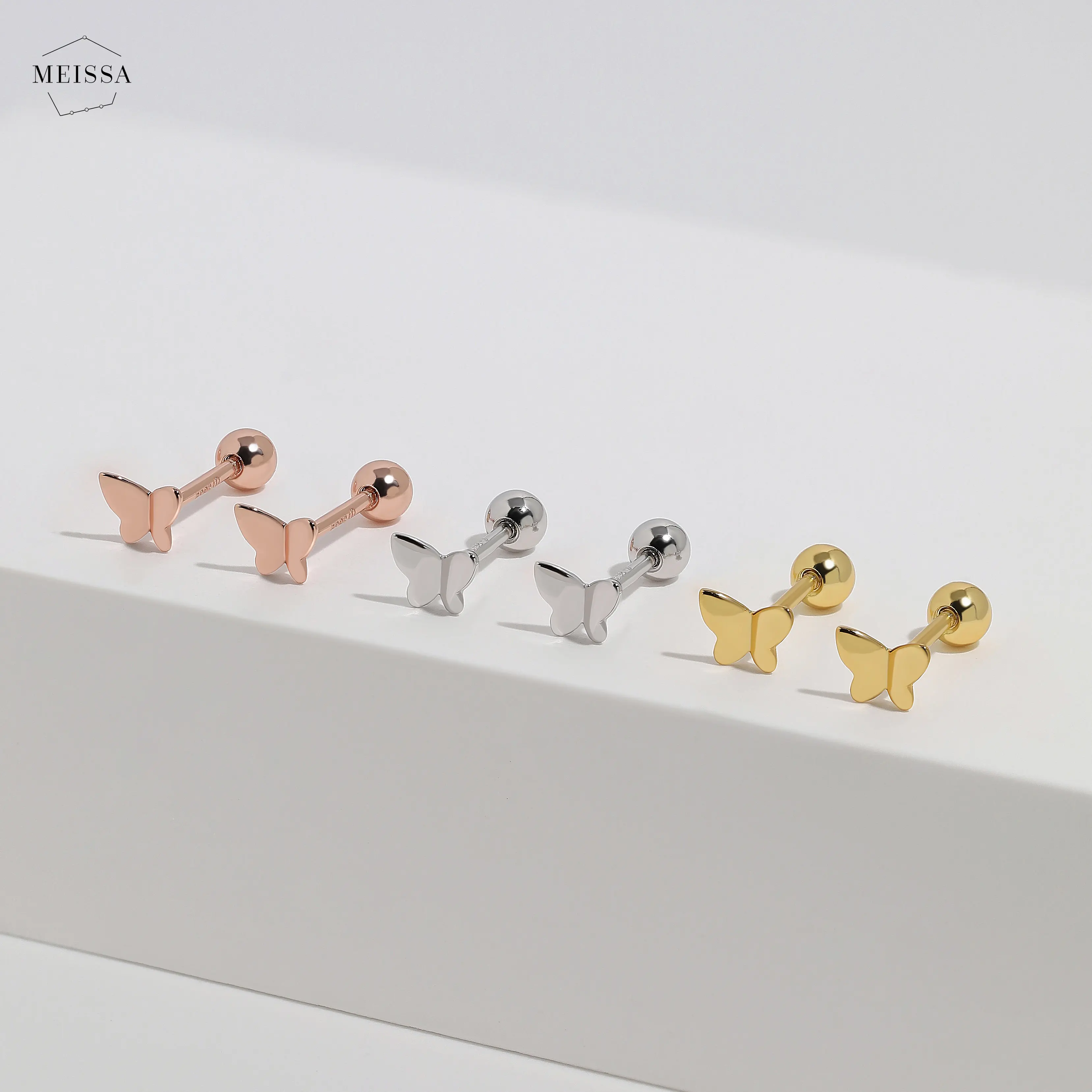 Meissa Baby Butterfly Screw Back Earrings S925 Sterling Silver & Gold & Rose Gold Studs Dainty Cute Mini Tiny Butterfly Cartilage Earrings for Multi Piercings Stackable Minimalist Safety Comfort Sleep-On Jewelry Gift for Her Girls Kids Adults Mom