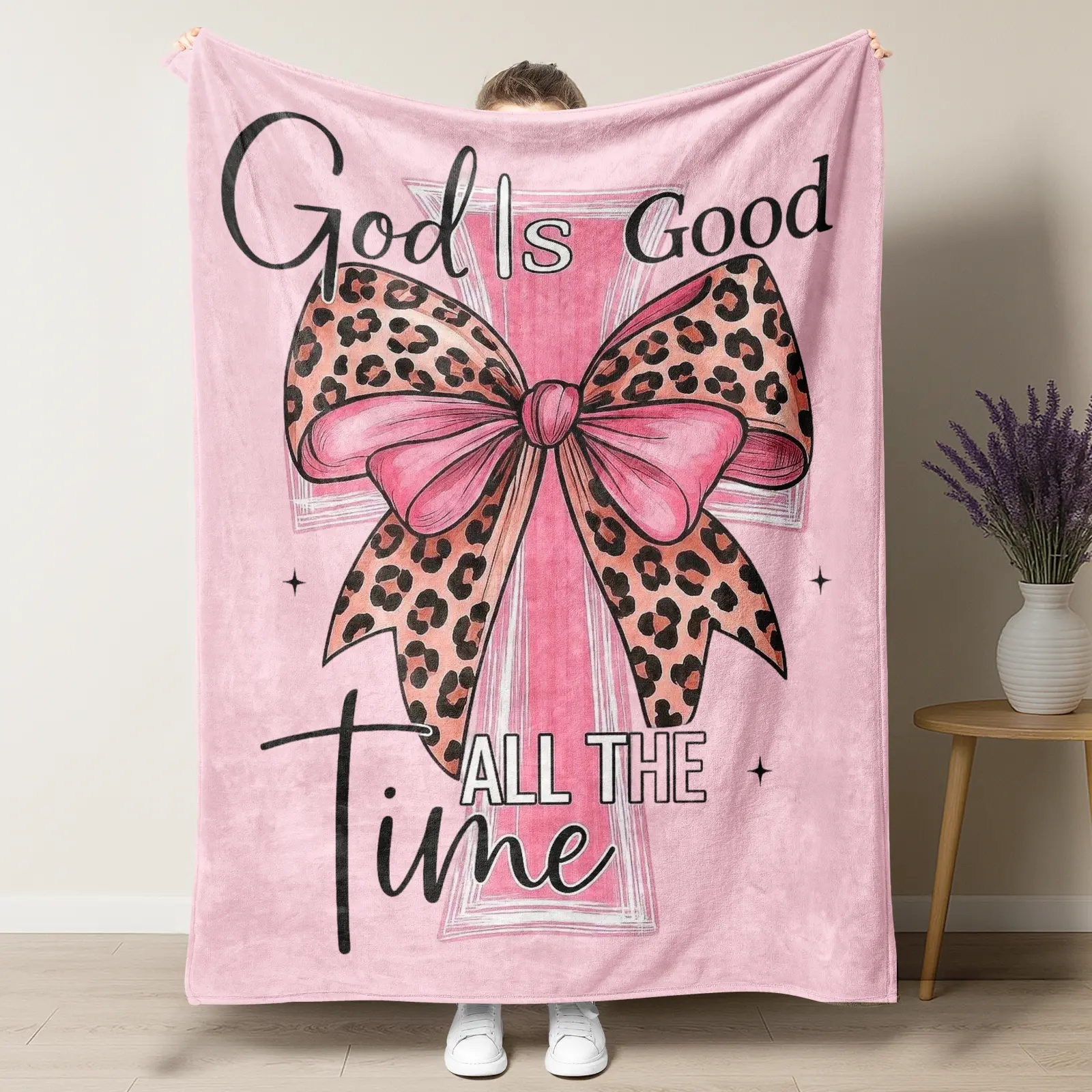God Is Good All The Time Blanket – Pink Christian Design with Cross & Leopard Print Bow, Ideal Gift for Faith-Based Believers and Religious Home Enthusiasts