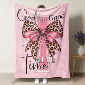 God Is Good All The Time Blanket – Pink Christian Design with Cross & Leopard Print Bow, Ideal Gift for Faith-Based Believers and Religious Home Enthusiasts