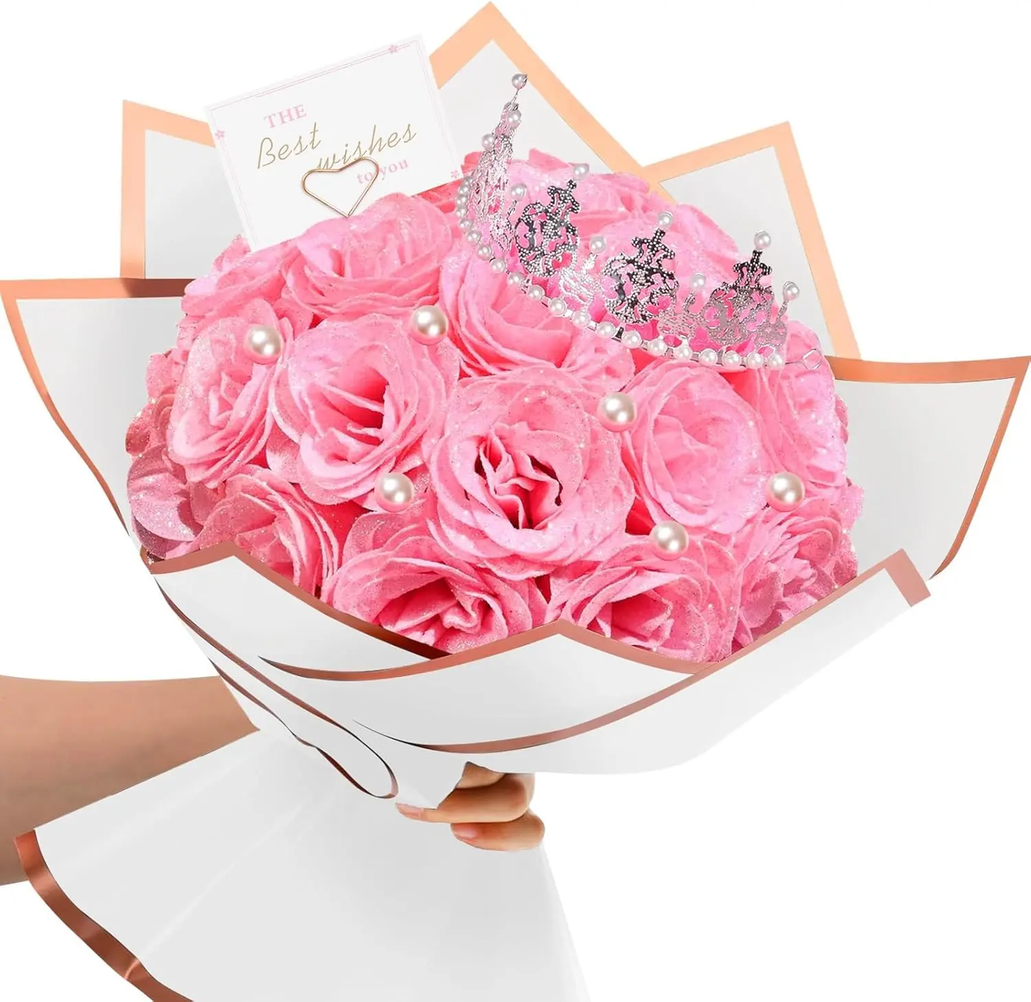 24-Piece Pink Pearl Metallic Glitter Plastic Roses Bouquet, DIY Decorative Flowers for Home Decor, Women’s Birthday & Mother’s Day Gifts