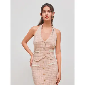 Cider [size 2-10] Knit Halter Neckline Check Button Crop Top