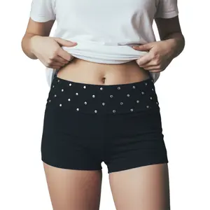 Women Foldover Micro Shorts Studded Fold Over Low Rise Lounge Pajamas Rave Going Out Bottoms Goth Booty Mini Shorts Y2k Streetwear
