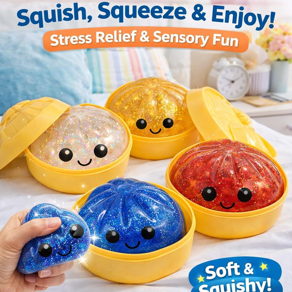 Squishy Dumpling Stress Balls for Adults, Dumpling Squishy Toys for Kids, Dumpling Fidget Sensory Toy, 3.15-inch Diameter Squeeze Dough Ball Stress Relief Toy, Stretchable Stress Ball Squish Toys