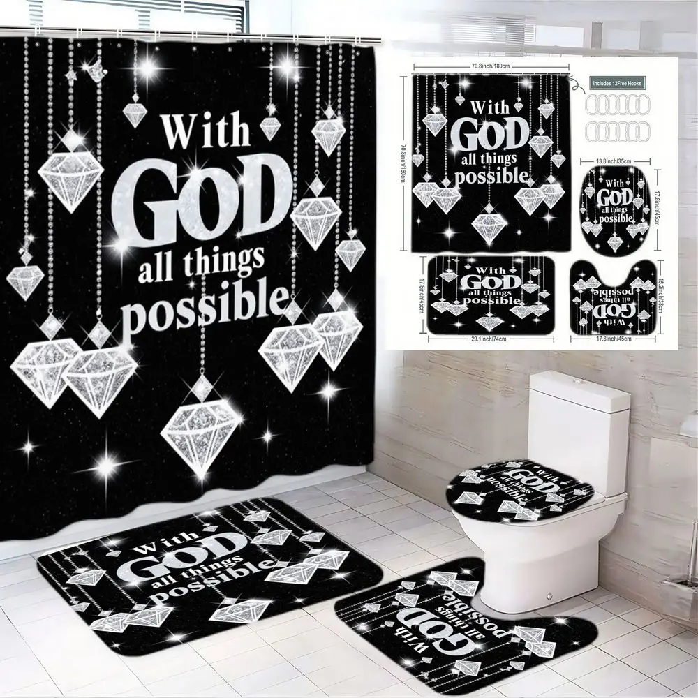 1/4pcs Black and White Faith-Based Bathroom Decor Set - "With GOD all things possible" Shower Curtain Sets with Sparkling Diamond Design, Matching Bath Mat, U-Shaped Toilet Floor Mat, Toilet Lid Cover for Modern Touch, Bathroom Decoration Accessories