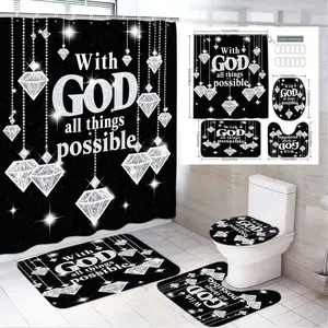 1/4pcs Black and White Faith-Based Bathroom Decor Set - "With GOD all things possible" Shower Curtain with Sparkling Diamond Design, Matching Bath Mat, U-Shaped Toilet Floor Mat, and Toilet Lid Cover for a Modern Touch in Your Home Bathroom Accessory