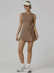 Women's Long Sleeve Solid Color Tennis Dress with Side Slit & Built-in Shorts for Yoga Golf & Athletic Activities Sportswear High Stretch Nylon Womenswear