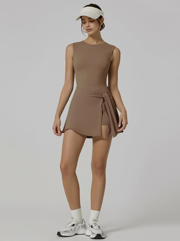 Women's Long Sleeve Solid Color Tennis Dress with Side Slit & Built-in Shorts for Yoga Golf & Athletic Activities Sportswear High Stretch Nylon Womenswear