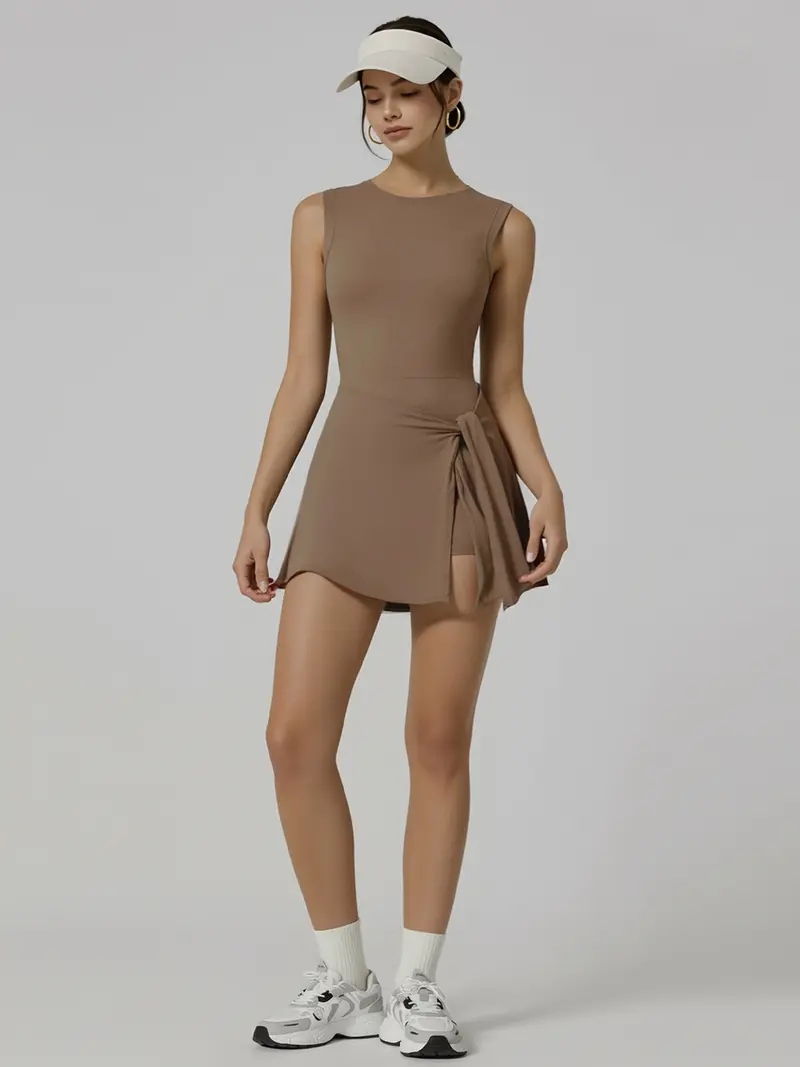 Women's Long Sleeve Solid Color Tennis Dress with Side Slit & Built-in Shorts for Yoga Golf & Athletic Activities Sportswear High Stretch Nylon Womenswear