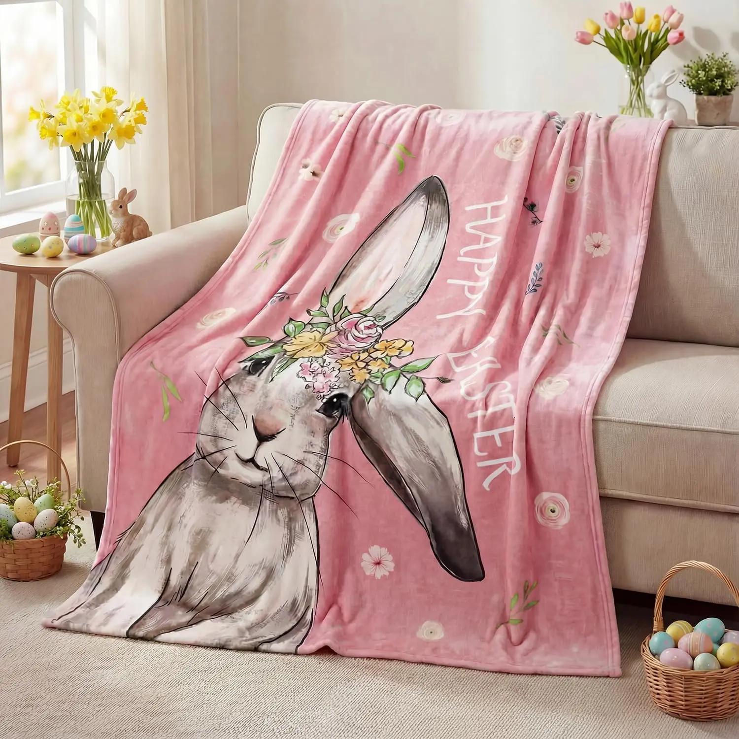 Easter Rabbit Print Flannel Throw Blanket - Soft Fluffy Fuzz Texture, Wrinkle Resistant, Pink Flower Design, Cozy Fleece for Couch Bed Lounging, Ideal Gift for Adults, Soft Fluffy Blanket, Teens