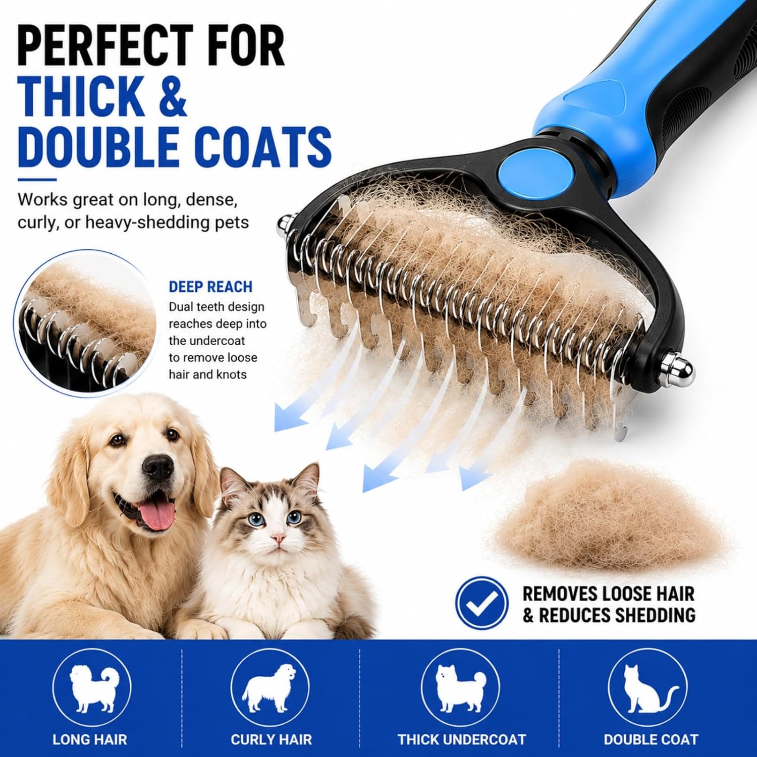 Pet Grooming Brush-Double Sided Hurtless Shedding and Dematting Undercoat Rake Comb for Dogs and Cats, No More Nasty Shedding or Flying Hair Pet Grooming Brush-Double Sided Hurtless Shedding and Dematting Undercoat Rake Comb for Dogs and Cats, No More Nasty Shedding or Flying Hair