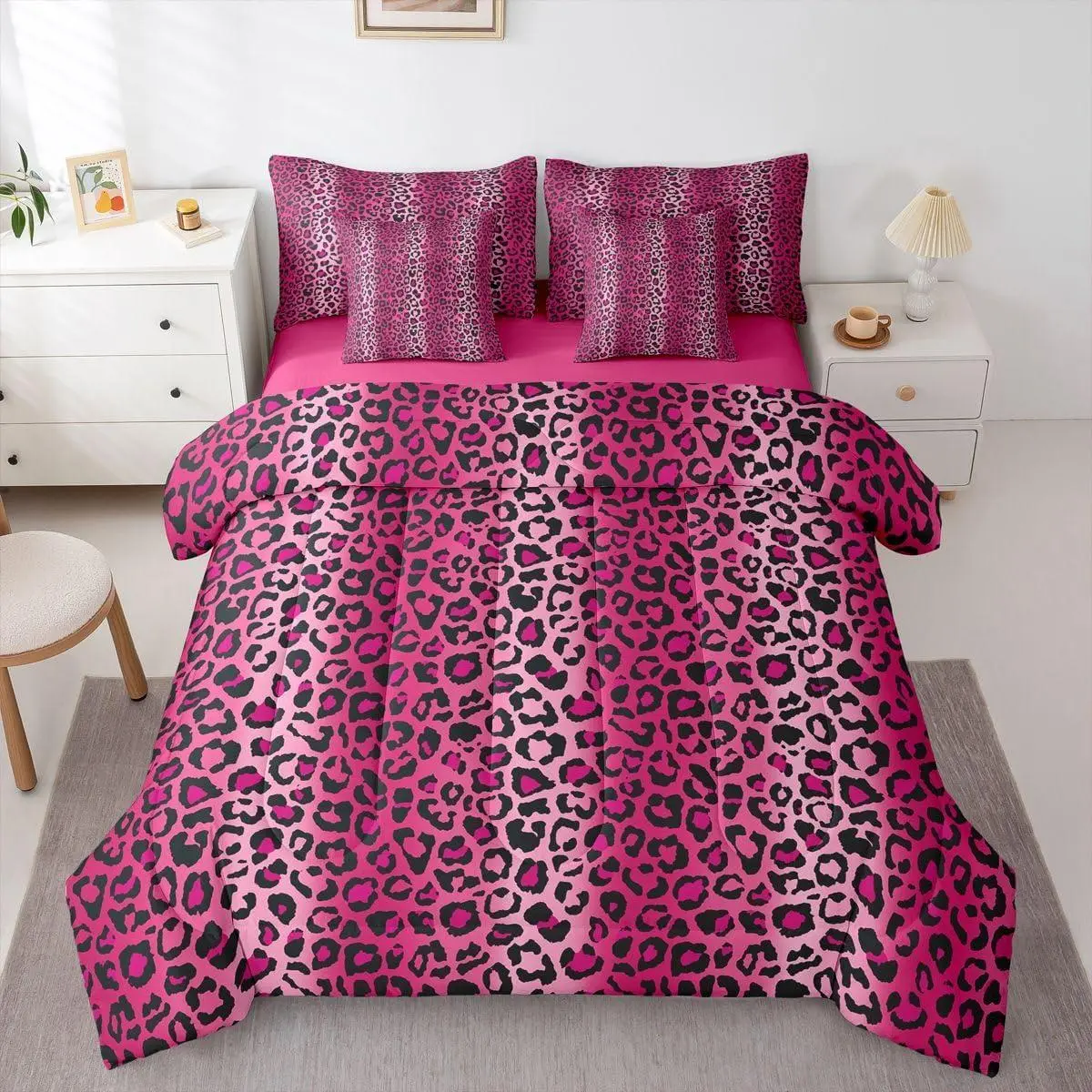 Leopard Print Bed in a Bag Women Cheetah Print 7 PCS Comforter Set & Sheets Kids Girls Pink Red Black Sexy Luxury 7 PCS Bed in a Bag Set Africa Animal Wildlife Comforter Set & Sheets