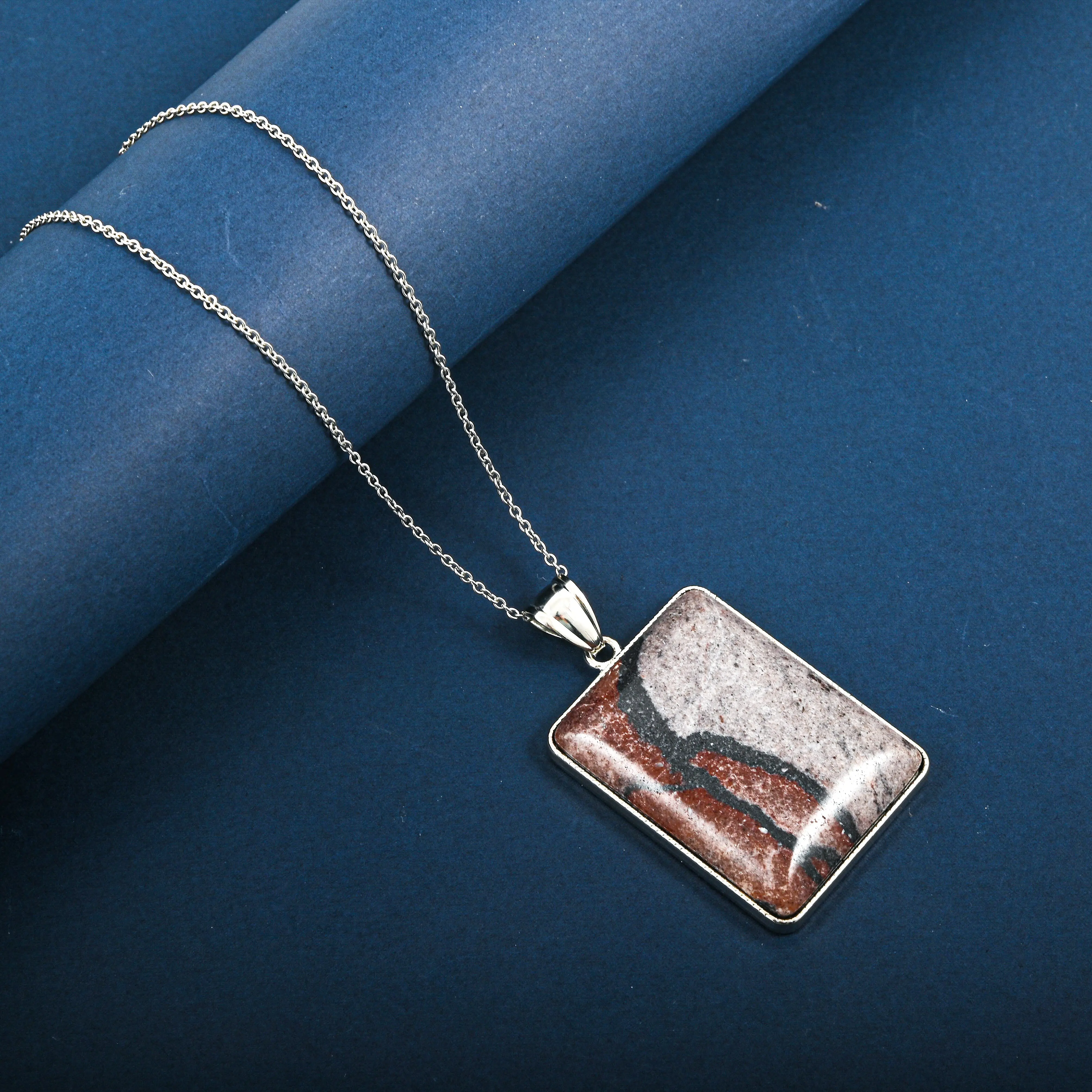 Rectangle Sun Rock Rainbow Picasso Jasper 80.00 ctw Pendant in Silvertone with Stainless Steel Necklace 20 Inches