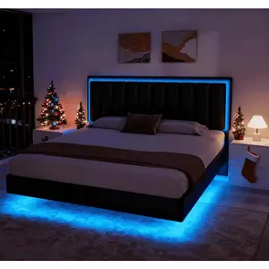 Floating LED Bed Frame PU Leather Upholstered Noise-Free Easy Assembly Full Queen King Black White