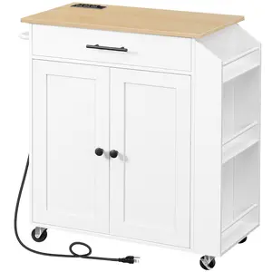 HOOBRO Kitchen Island on Wheels with Power Outlet, Rolling Kitchen Storage Cart with Spice Rack and Drawer for Home and Dining Room, White and Natural#springtok
