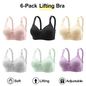 6-Piece Set Women's Wireless Push-Up Bra Adjustable Hook & Eye Soft Breathable Daily Versatile Lingerie Medium Support Summer