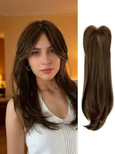 🔥 Instantly Fix Thinning Hair! Dark Brown with Highlights Hair Topper with Bangs | Premium Kanekalon Synthetic Hairpieces | Clip-In for Natural Volume & Seamless Blend | Perfect for Daily Wear!