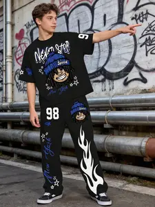 Teen Boys Casual Classic Cartoon Character Set, New York City Name Print Short Sleeve T-Shirt & Bell Bottoms Two-Piece