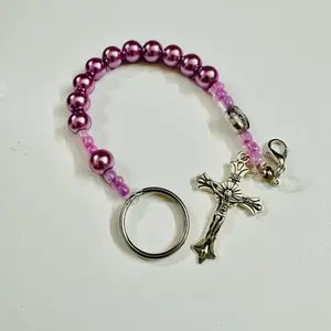 Rosary Keychain with Pink Beads, Silver Ring, and Cross Charm