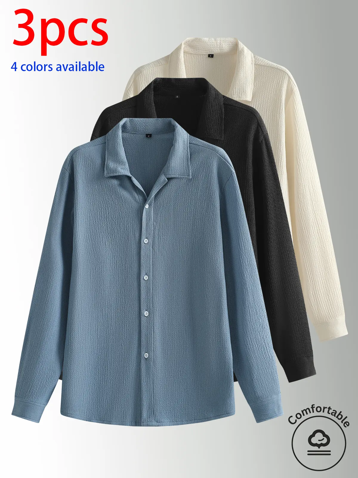 3-pack men’s tops, men’s long-sleeve shirts, men’s loose-fit long-sleeve shirts, men’s lightweight casual shirts.Simple turn-down collar design, loose fit that isn’t tight—can be worn alone or layered over other garments; suitable for everyday wear, commu