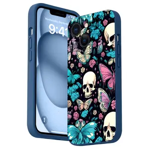 Skull  Butterfly Pattern Straight Edge Phone Case for iPhone 16 15 14 Pro Max 13 12 11 XR XS Plus Shockproof Full Camera Protective Durable slim Silicone Cover Cellphone Protective
