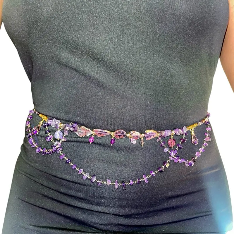 Amethyst Crystal Fairycore Waistbeads 18k 24k Gold Filled Boho Waist Chain Healing Belly Chain for Women