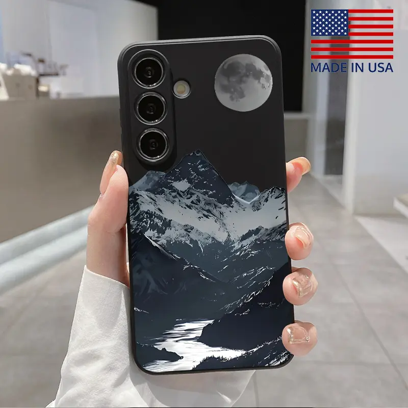 Straight Edge Phone Case Compatible with Galaxy S23 Ultra S24 Plus S25 S22+ Mountain Moonlight Pattern Pocket-Friendly Shockproof Liquid Silicone Protective Soft Smartphone Casing