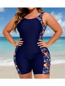 2026 Summer Plus Size Navy Blue Printed One-Piece Swimsuit with Side Color Blocking, Modest Tummy Control, Slimming Plus Size Fashion One-Piece Swimsuit, Essential Curve-Hugging Swimwear for Plus Size
