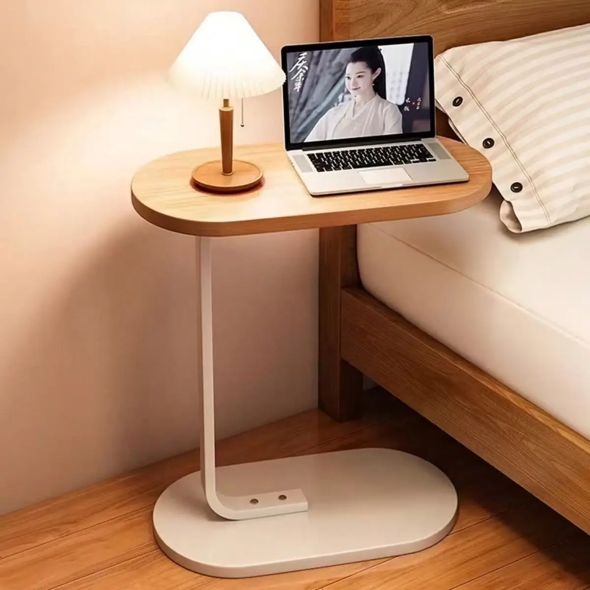 LALUZ Minimalist C-Shaped Coffee Side Table Bedside Companion Easy Assembly Portable Corner Table