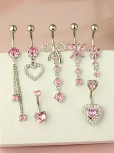 7Pcs 14g Belly Button Rings Dangle 316L Surgical Steel CZ Navel Ring Barbell for Women Body Piercing Jewelry Silver/Gold/Rose Gold Body Piercings Set