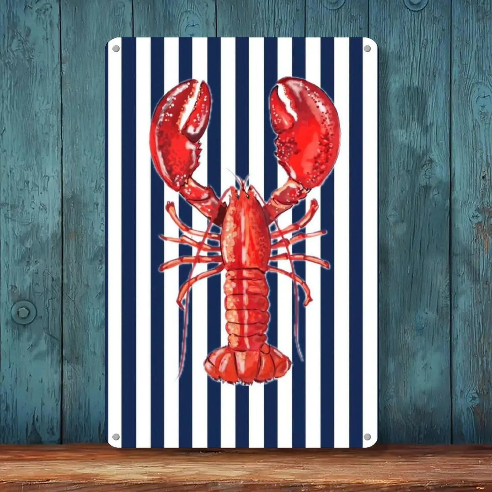 Red Lobster Navy White Striped Nautical Retro Tin Sign 8x12in Beach Cottage Seafood Kitchen Wall Decor Metal Tin Sign