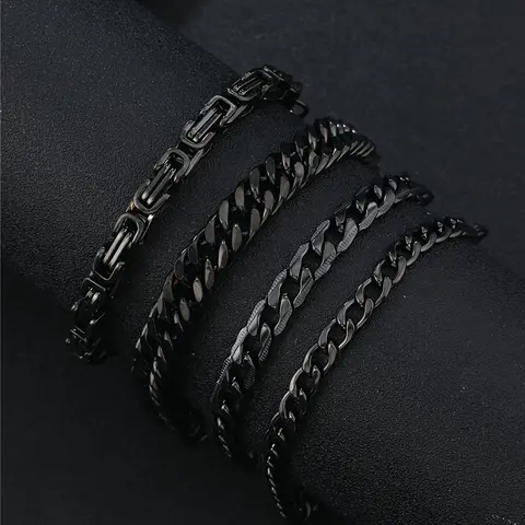 4pcs/set Fashion Stainless Steel Bracelet Set, Simple Unisex Black Hip Hop Chain Accessories, For Men And Daily Wear And Gift