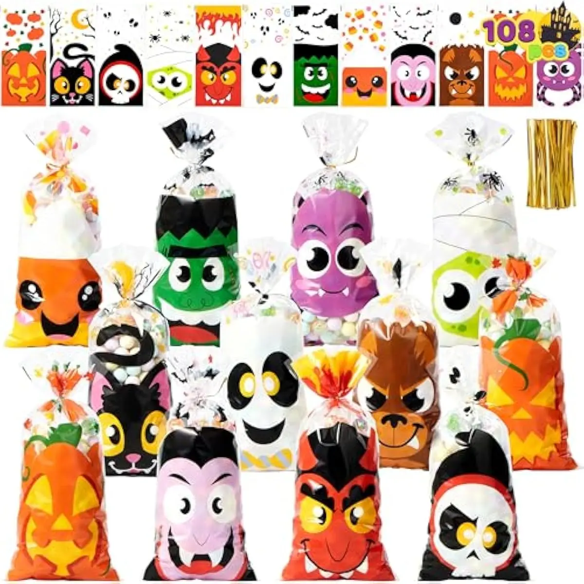 JOYIN 108 Pcs Halloween Cellophane Bags for Sweet Candy Treat, Goodie Gift Bags Bulk with Twist Tie for Kids Trick or Treating, Halloween Day Table Decor and Party Favor Supplies in 12 Designs