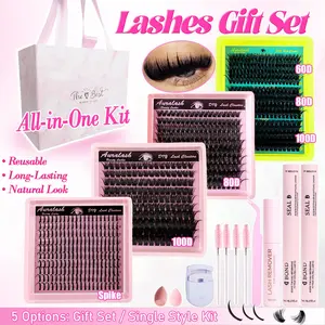 All-in-One Eyelash Extension Kit, 60D 80D 100D & Spiky Lashes Set with Glue x2, Tweezers, Curler, Brush & Remover, Soft Lightweight Lashes for DIY Lash Look, Suitable for Beginners and Professionals，Natural to Dramatic Eye Makeup