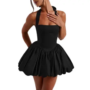 Waist-Tight Puffy Dress - Black Fabric, Sleeveless, Formal Style, Elegant Garment, Fit: Waist-tight